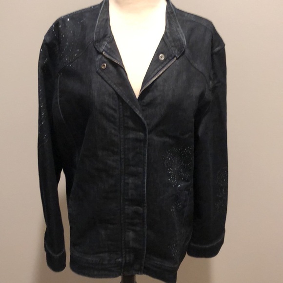 Chico’s Platinum Jean Jacket Rhinestone Embellished Size Large - Picture 1 of 16